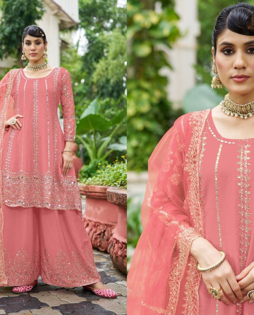 LIGHTPINK - Pink Chinon Embroidered and Mirror Work Palazzo Salwar Suit